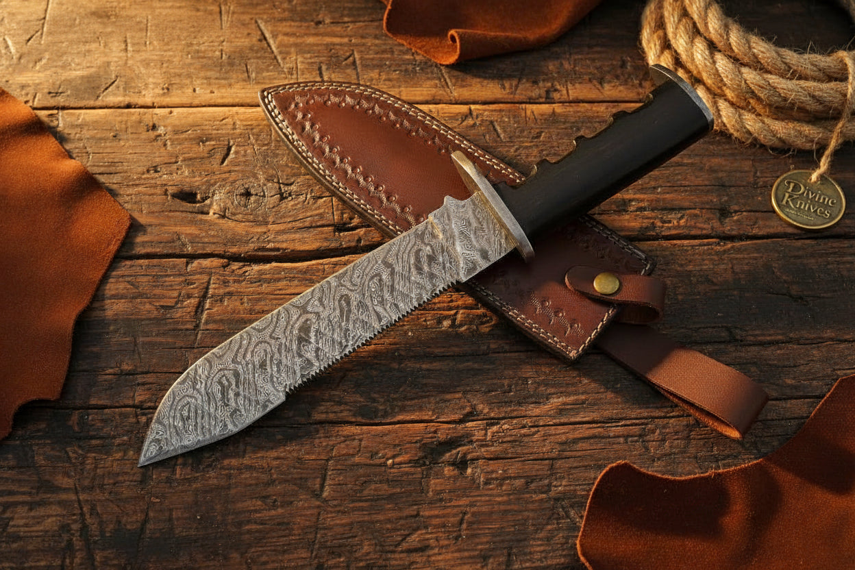 Damascus Sawback Bowie Knife with Saw Tooth Spine