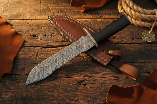 Damascus Sawback Bowie Knife with Saw Tooth Spine