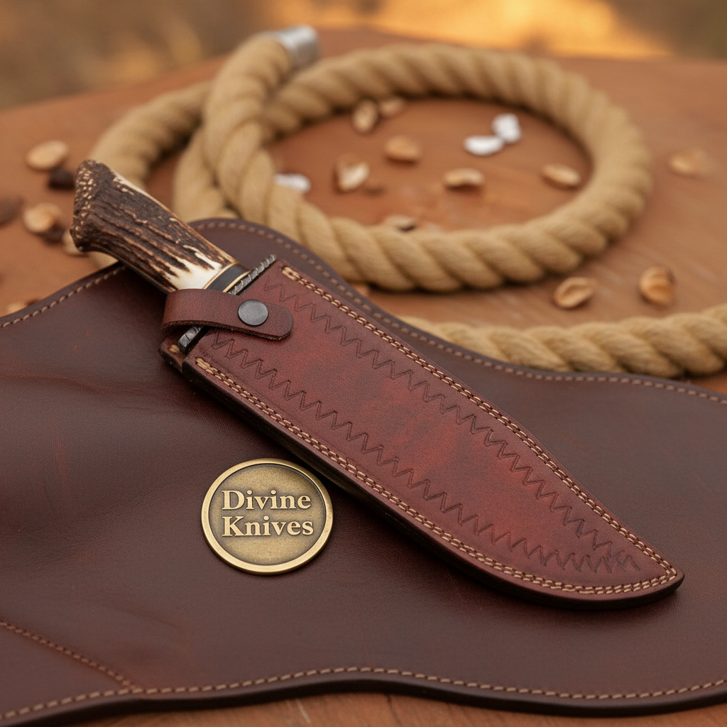 Crown Antler Bowie Knife with Hand Forged Layered Blade and Stitched Leather Sheath
