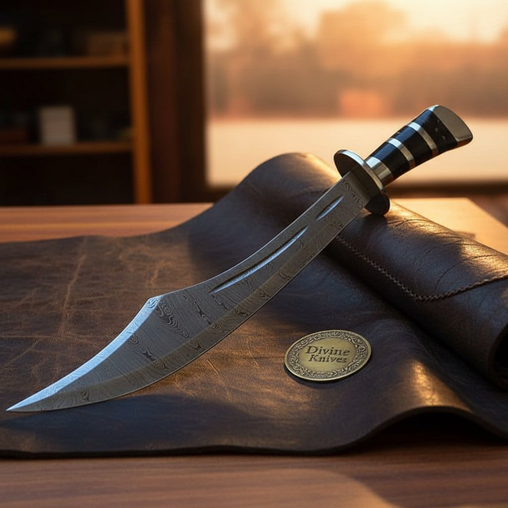 Striped Horn Handle Scimitar Bowie Knife with Sweeping Curved Damascus Blade
