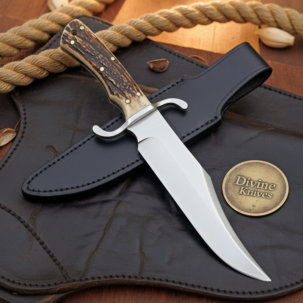 Jigged Stag Bowie Knife with Mirror Polished Clip Point Blade and Black Leather Sheath