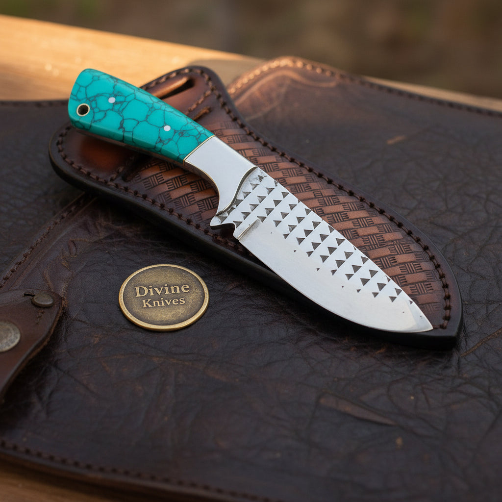 Turquoise Stone Skinner Knife with Cross-Hatch Blade for Hunters and Outdoor Users