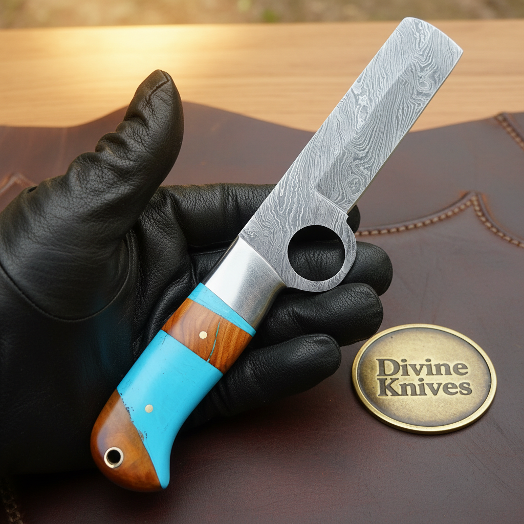 Turquoise Damascus Bull Cutter & Skinner Set with Leather Sheath