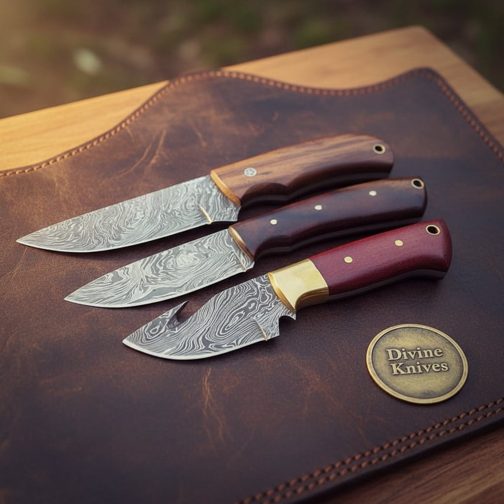 Damascus Gut Hook and Cowboy Knife Set with Wood Handles