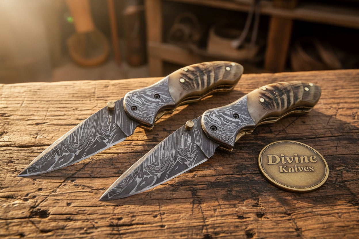 Horn Ridge Pocket Knife with Wood Grain Damascus Blade