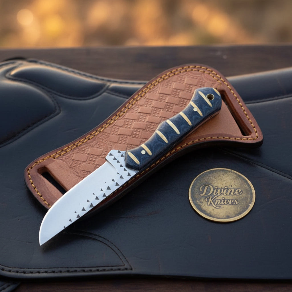 Black Infused Resin Rasp Cowboy Knife with Marbled Black Handle