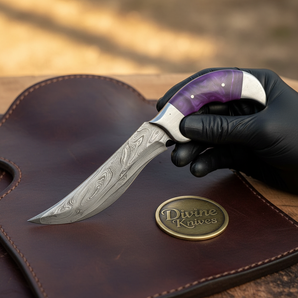 Purple Resin Handle Hunting Knife with Finger Groove Grip and Curved Forged Blade