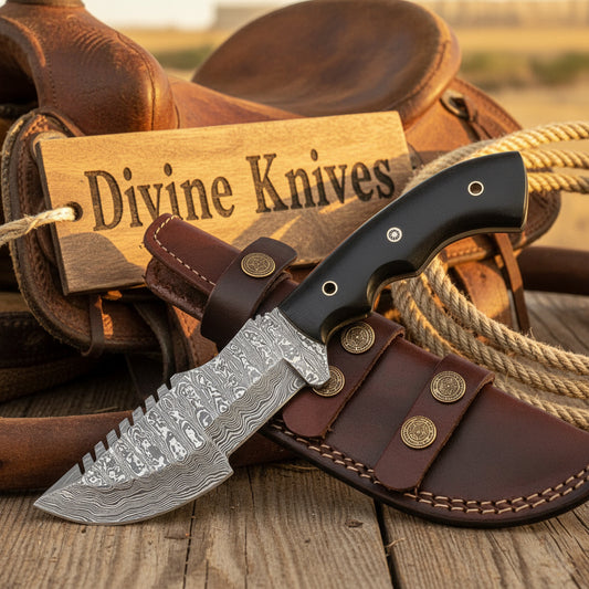 Obsidian G10 Damascus Tracker with Notched Wood Grain Blade