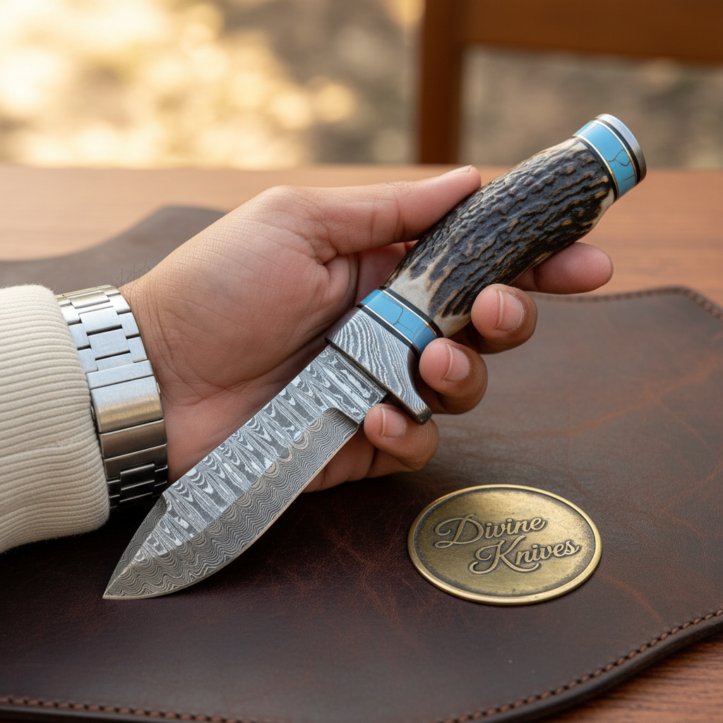 Turquoise Inlay Hunting Knife with Stag Antler Handle and Hand Forged Drop Point Blade