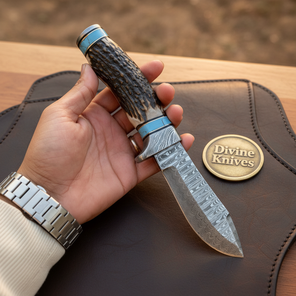Turquoise Inlay Hunting Knife with Stag Antler Handle and Hand Forged Drop Point Blade