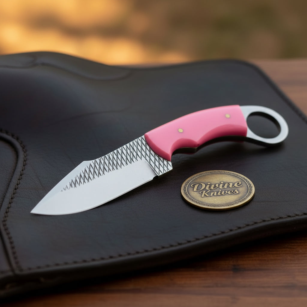 Pink Resin Rasp Ring Skinner Knife with Rasp File Blade
