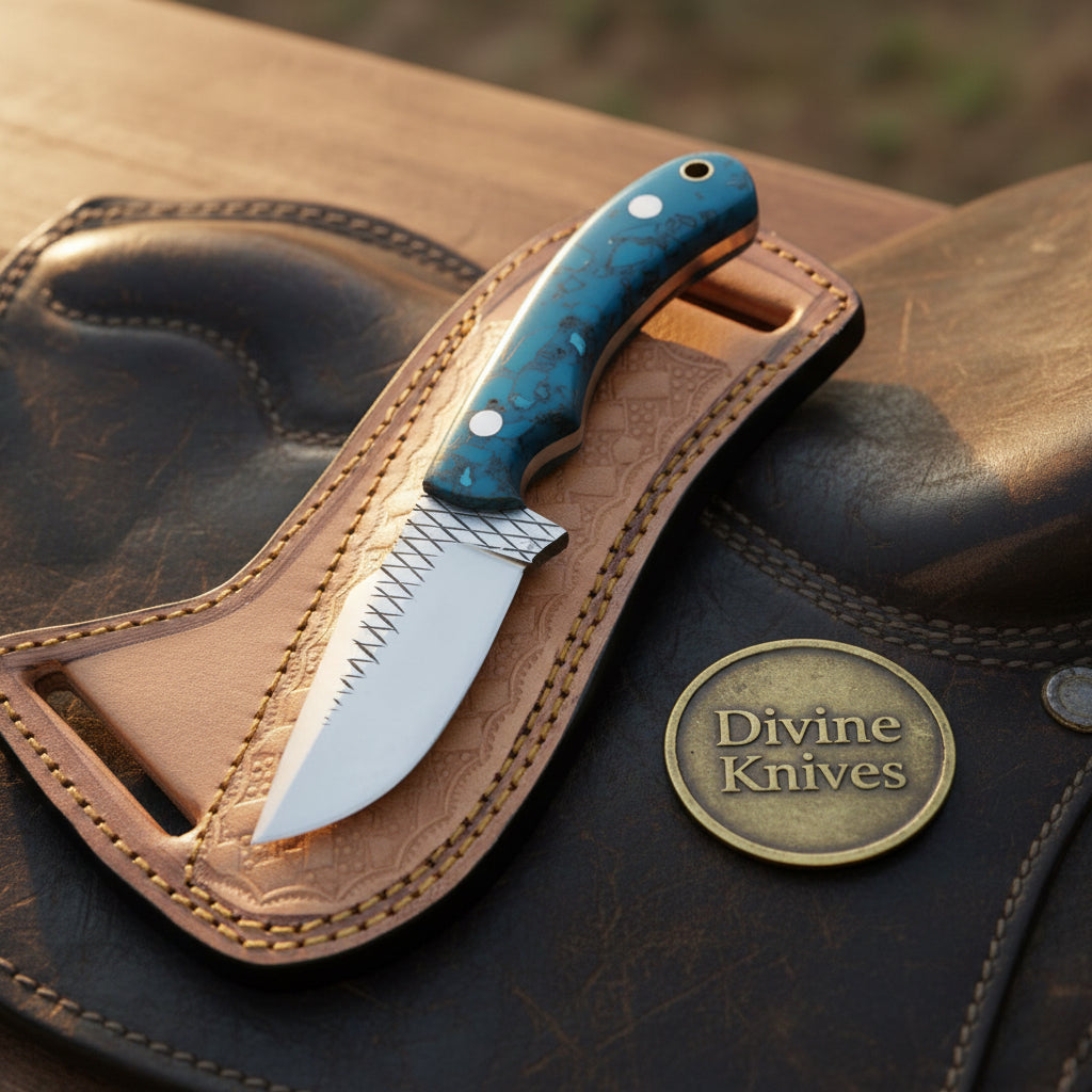 Turquoise Marble Rasp Cowboy Knife with Curved Rasp-Style Blade