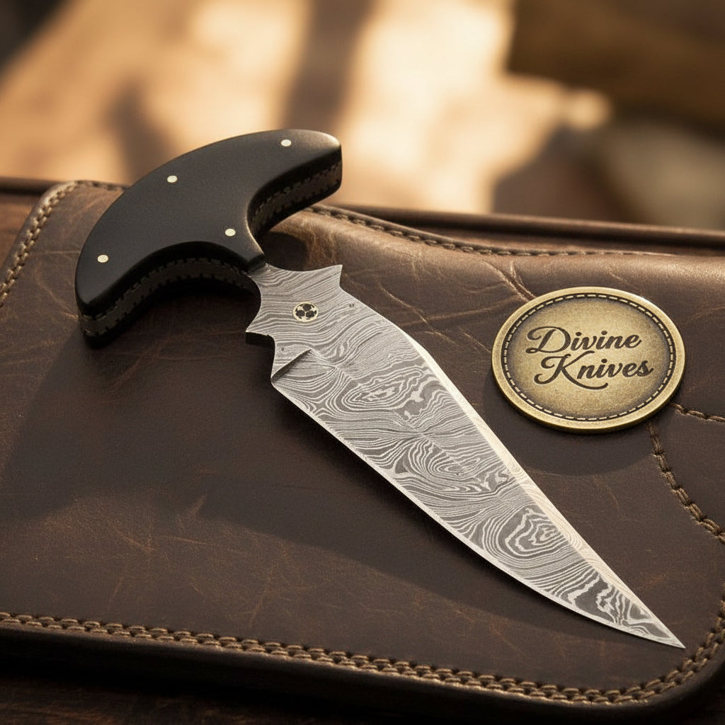 T Handle Push Dagger Knife with Black Horn Grip and Hand Forged Spear Point Blade