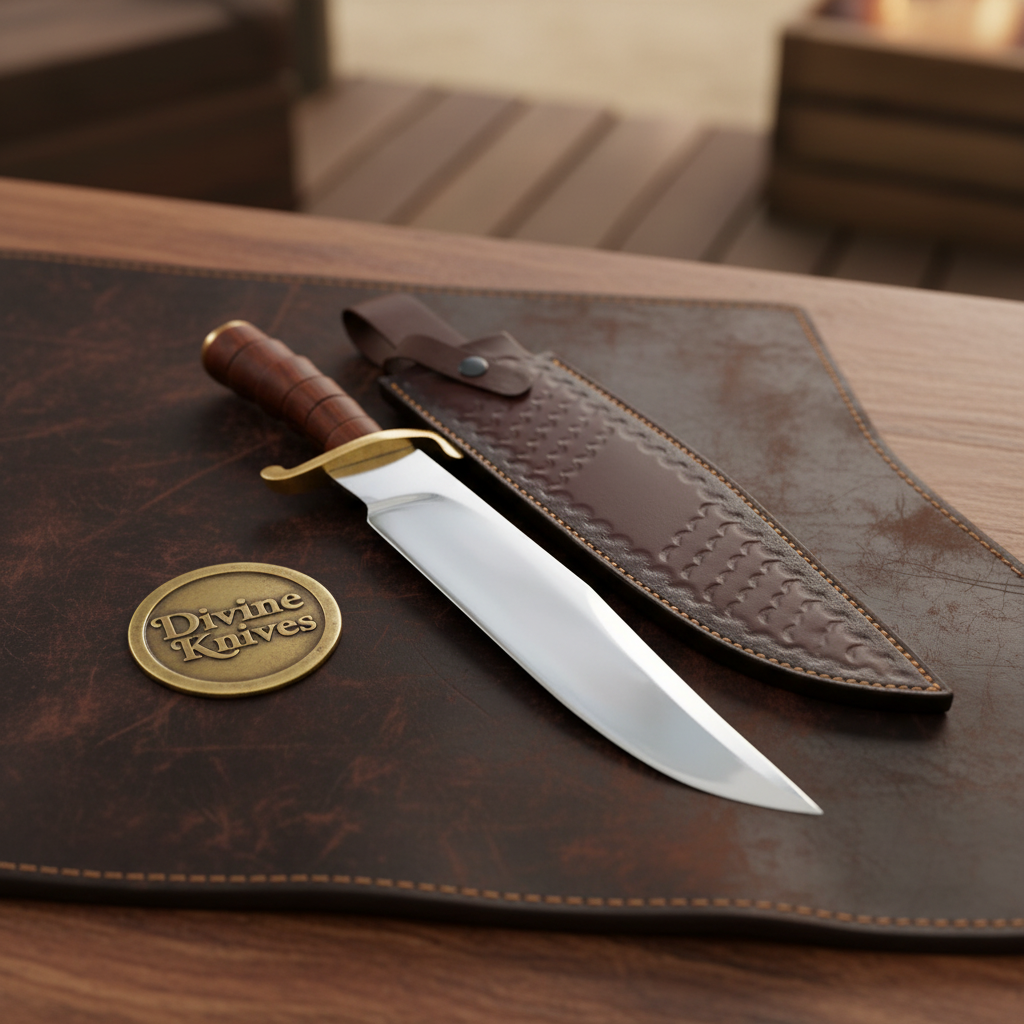 Rosewood Handle Bowie Knife with Mirror Polished Clip Point Blade & Tooled Sheath