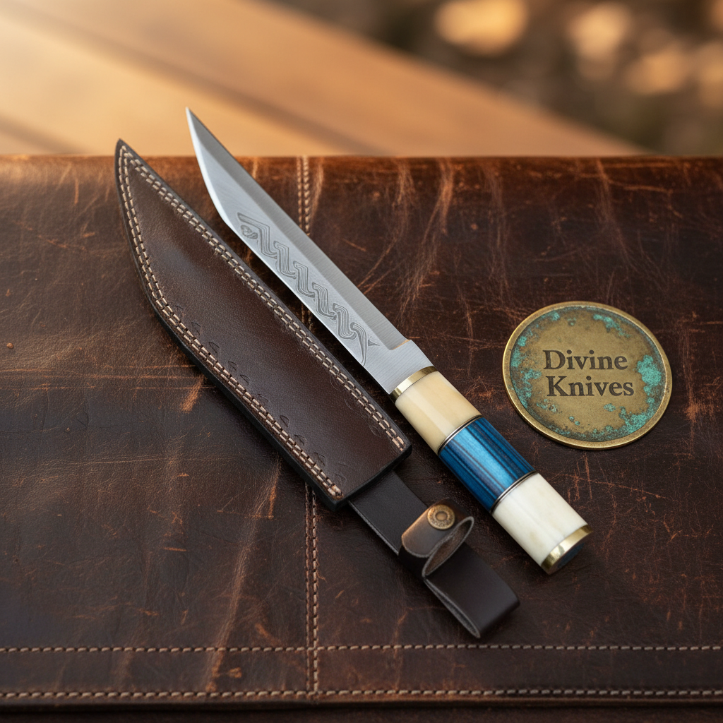 Hybrid Handle Broken-Back Seax Knife with Bone and Blue Accent Handle