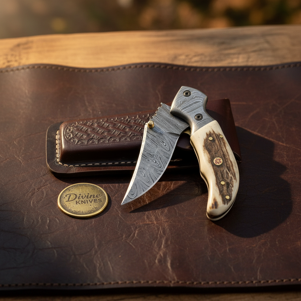 Antler Damascus Linerlock Pocket Knife for Everyday Function