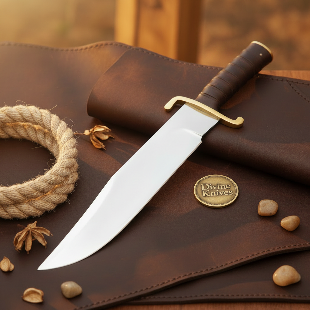 Brown Wood D2 Steel Clip Point Bowie with Ridged Grip