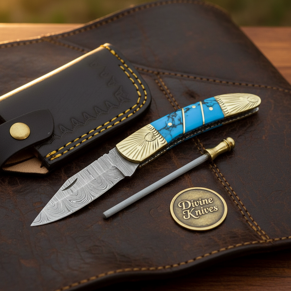 Engraved Brass Bolster Damascus Folder with Turquoise Scales and Sharpening Rod