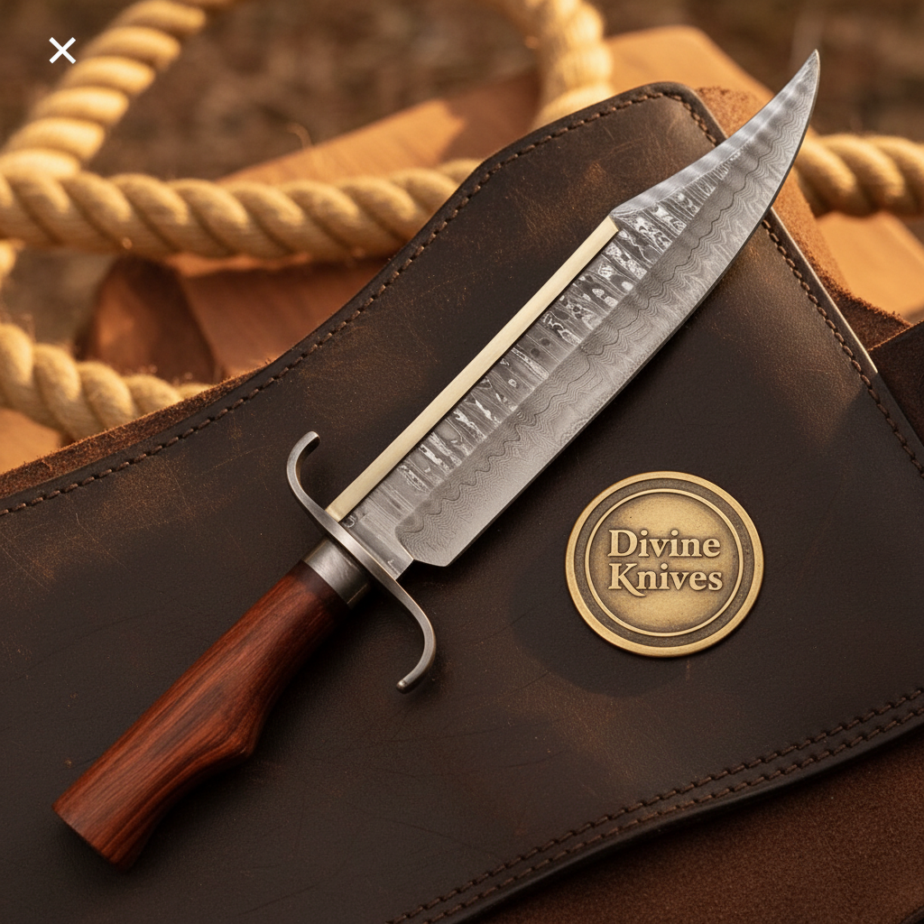 Hand Forged Frontier Bowie Knife with Rosewood Handle and Layered Clip Point Blade