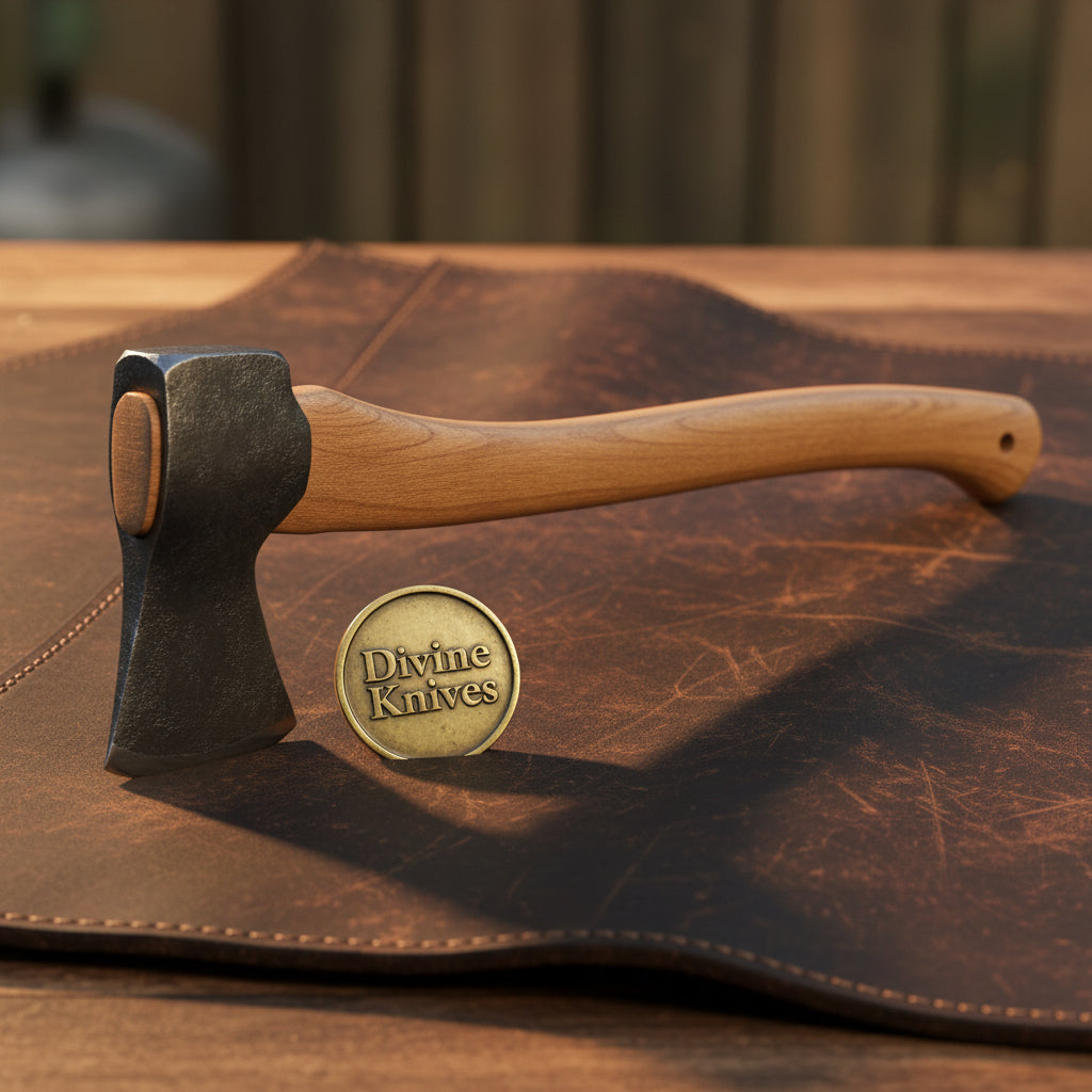 Scandinavian Hewing Axe with Curved Hickory Handle & Leather Bit Guard