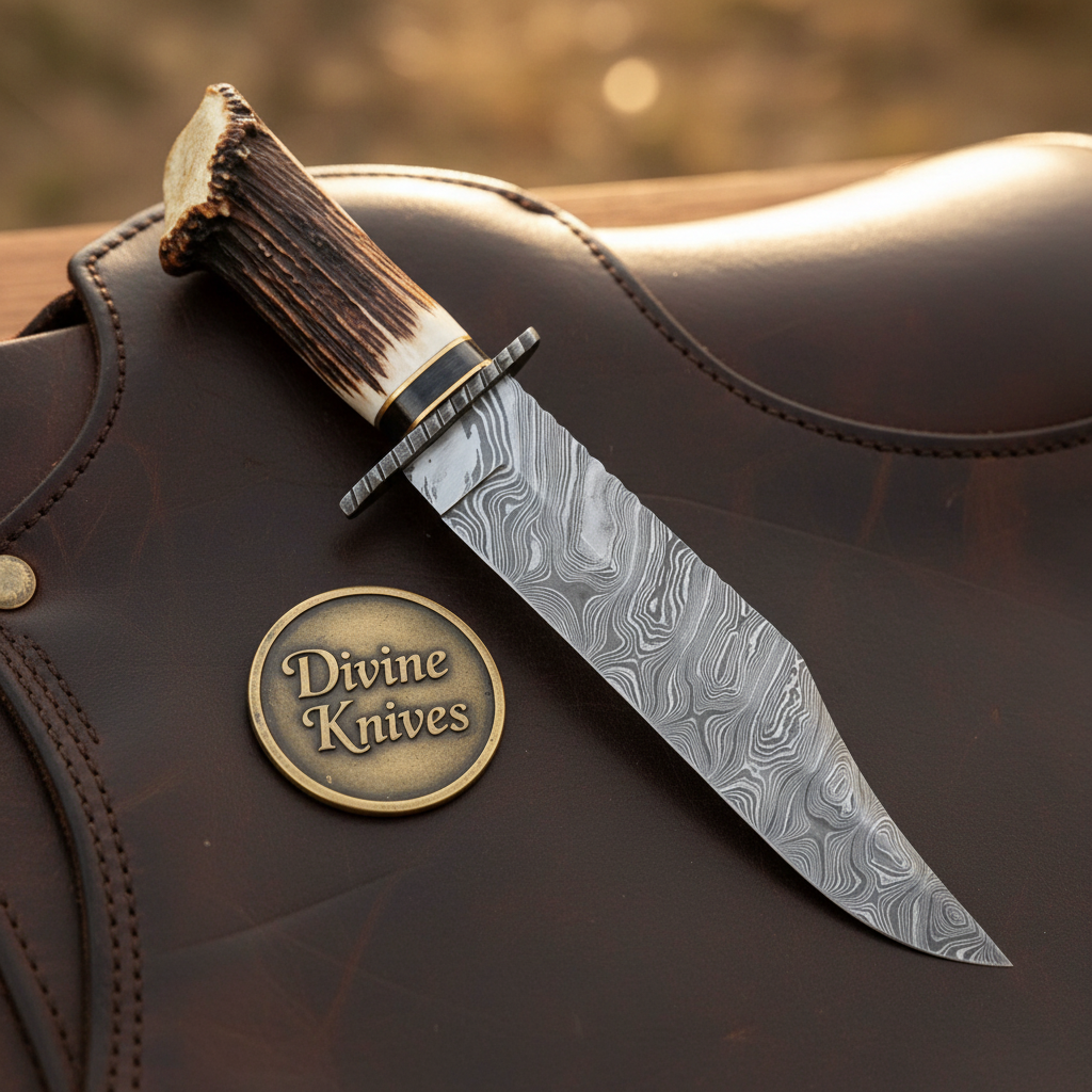 Crown Antler Bowie Knife with Hand Forged Layered Blade and Stitched Leather Sheath