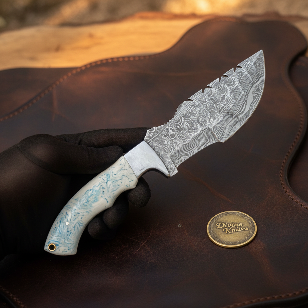 White Resin Tom Brown Tracker Knife with Damascus Blade