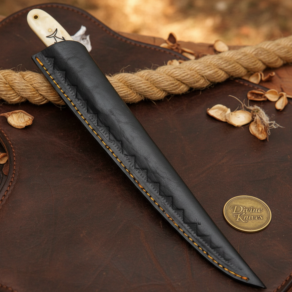 Camel Bone Fillet Knife with Flexible Forged Blade and Engraved Fish Motif Handle