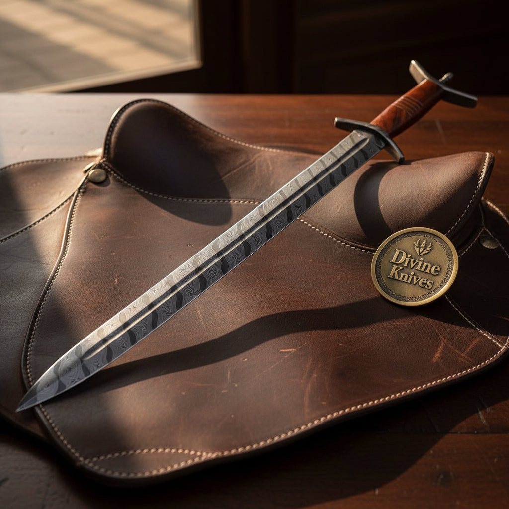 Traditional Damascus Forged Steel Celtic Sword with a layered Damascus blade