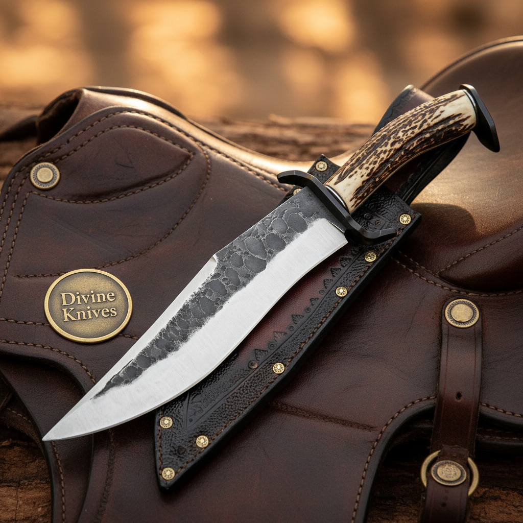 Hammered Coffin Antler Clip-Point Bowie with Angular Grip