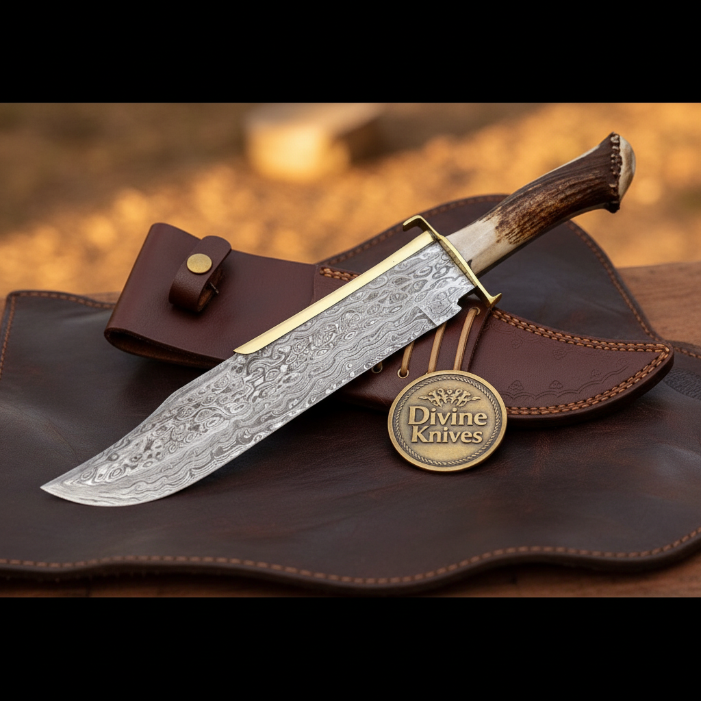 Dundee Crown Stag Damascus Bowie Knife with Natural Crown