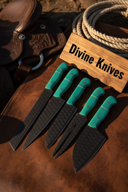 Turquoise Hammered Forged Chef Set with Black Hammered Blades