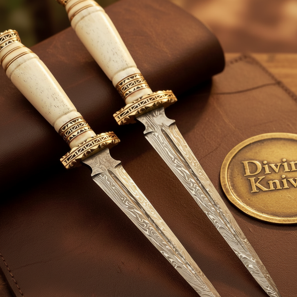 Ornate Engraved Brass Damascus Dagger Set with Intricate Brass Work