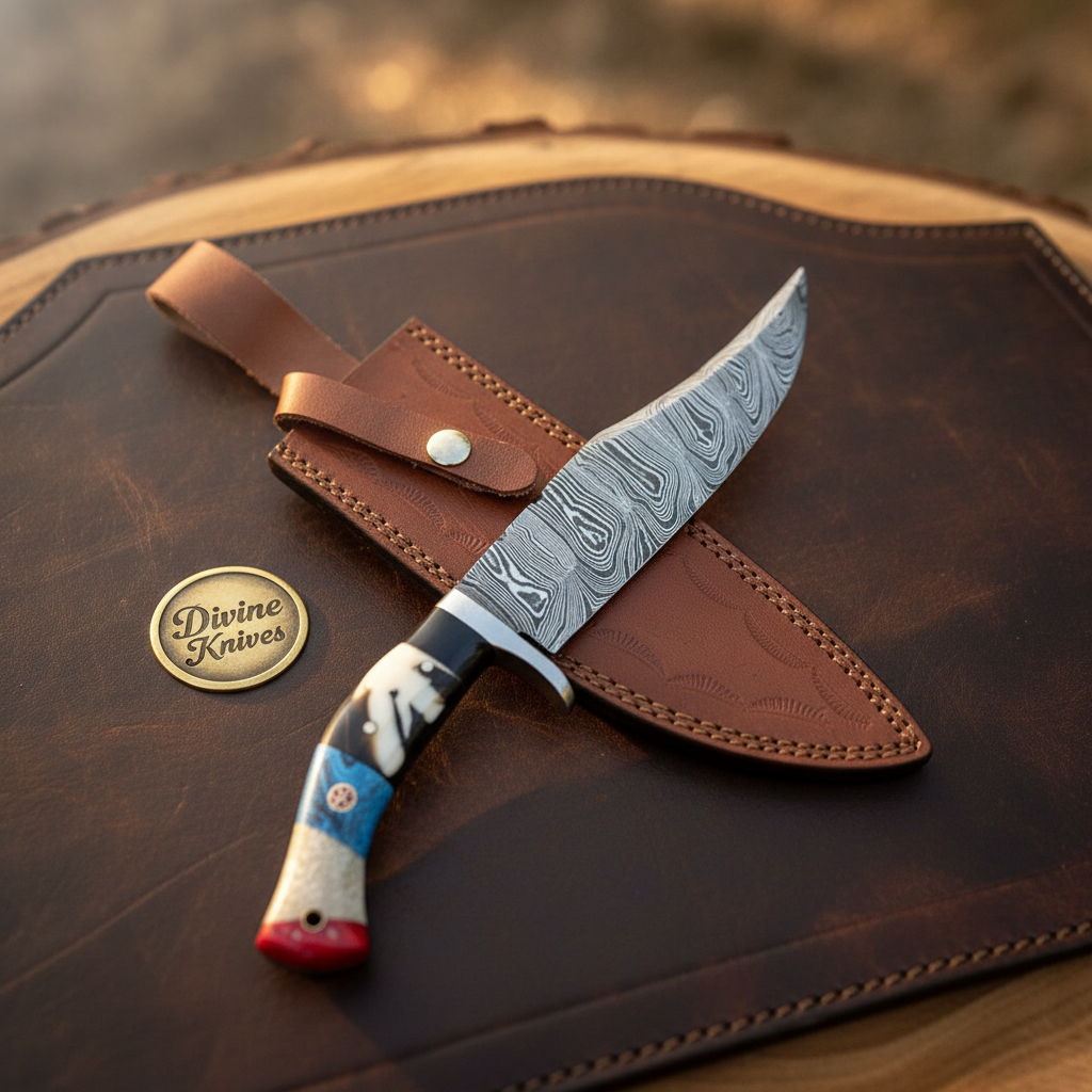 Colored Resin Handle Bowie Knife with Hand Forged Clip Point Blade and Belt Sheath