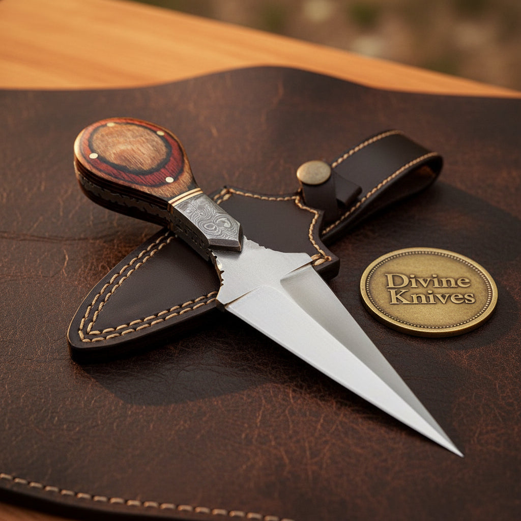 Spear Point Boot Knife with Round Layered Wood Pommel and Cross Style Leather Sheath