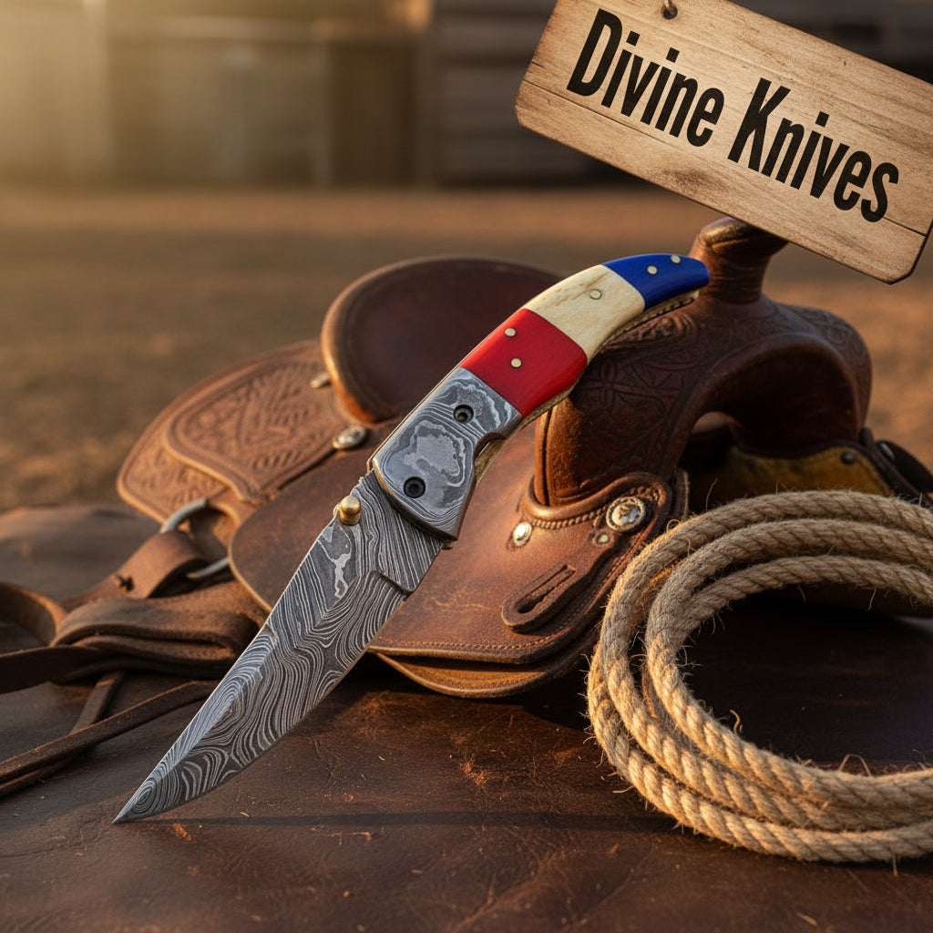 Texas Damascus Folding Knife with Wood Grain Blade and Tri-Color Handle