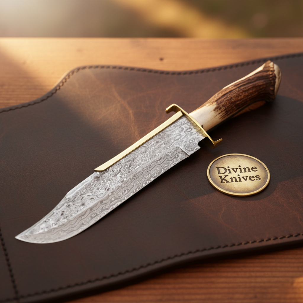 Dundee Crown Stag Damascus Bowie Knife with Natural Crown