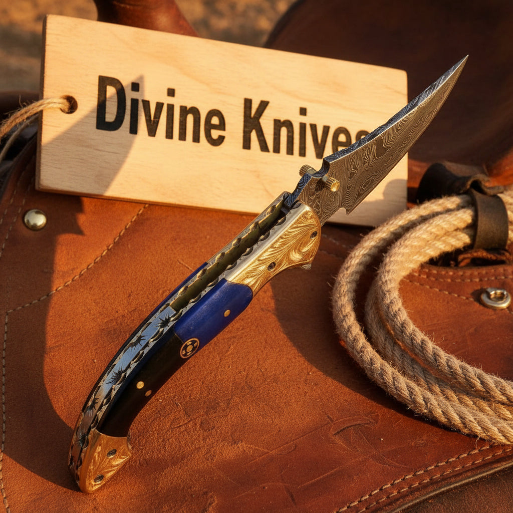 Engraved Blue Damascus Pocket Knife with Scrollwork Bolsters