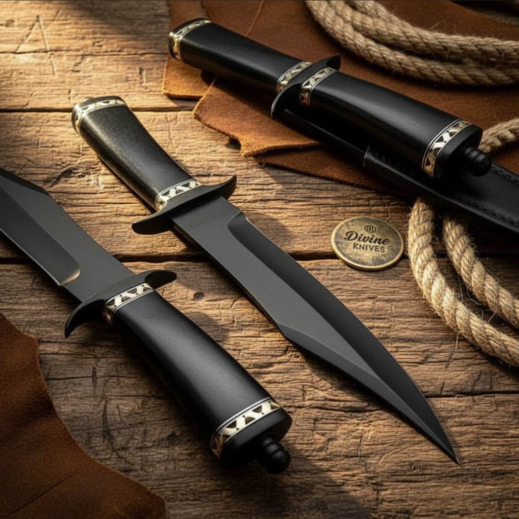 Black Forged Bowie Knife with Black Etched Blade