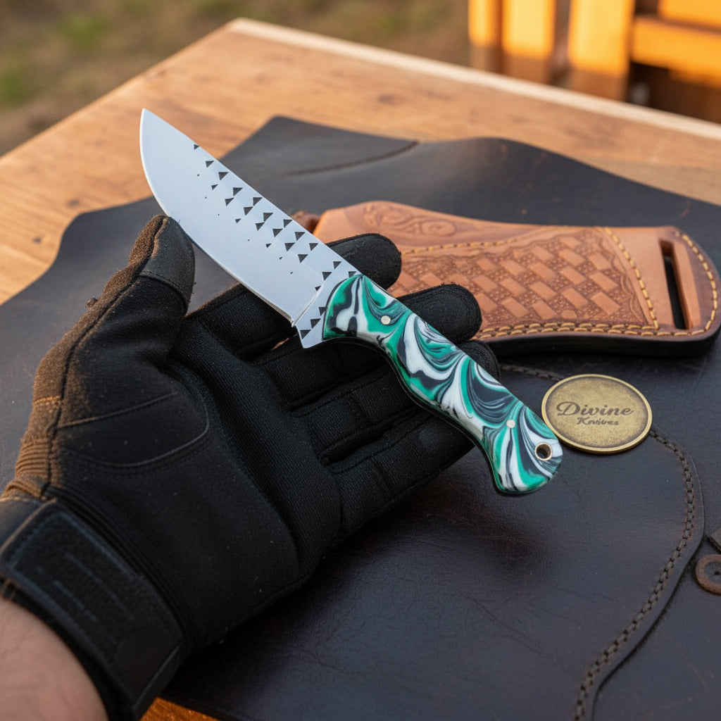 Green Swirl Resin Rasp Cowboy Knife with Clip Point Blade