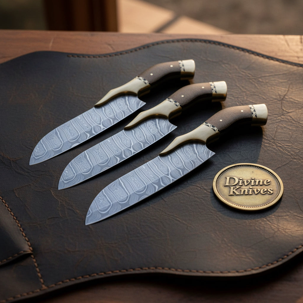 Wingcrest Bone Wing Guard Damascus Santoku Knife Set for Multi Cook Kitchens