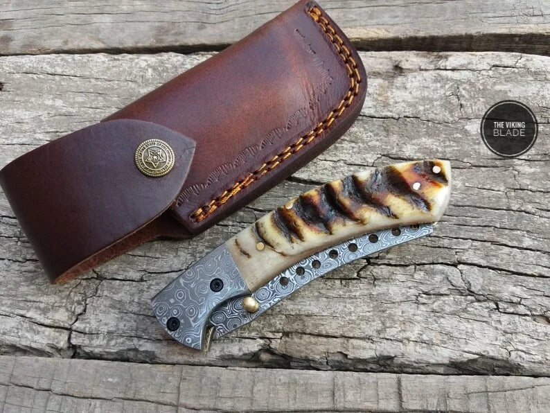 Ram Horn Cleaver Folding Knife with Twist Pattern Blade & Leather Pouch