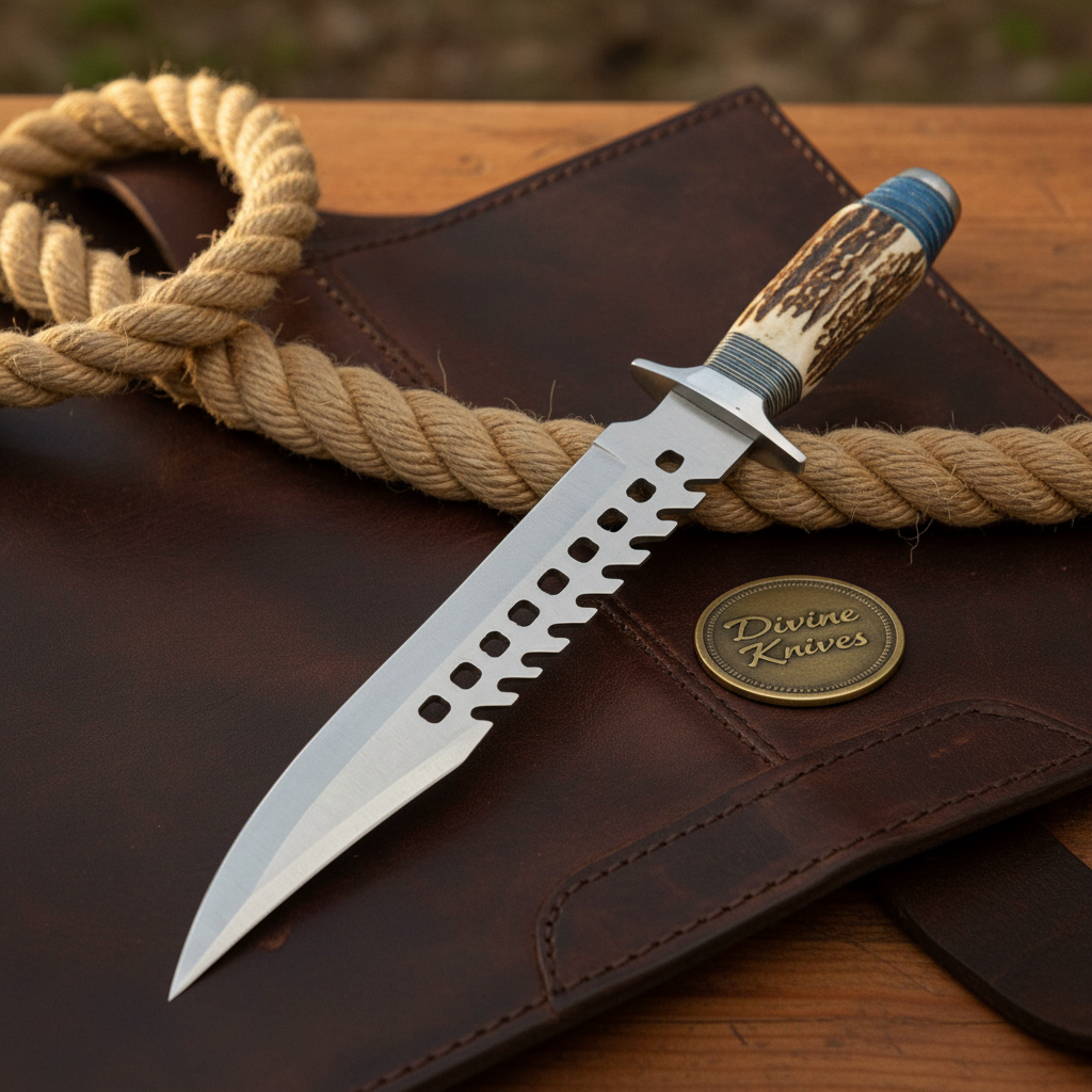 Sawback Survival Knife with Stag Antler Handle and Mirror Polished Spear Point Blade