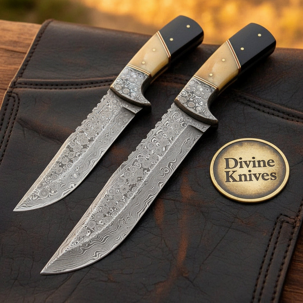 Horn and Bone Hunting Knife Pair with Forged Bolsters and Matched Clip Point Blades