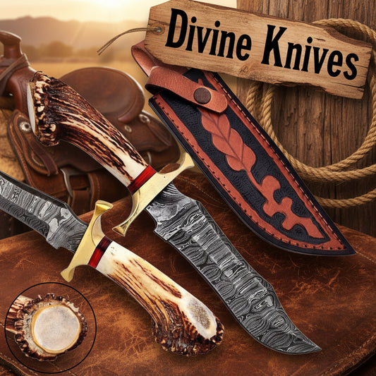 Damascus Crown Stag Bowie with Ladder Damascus Clip Point