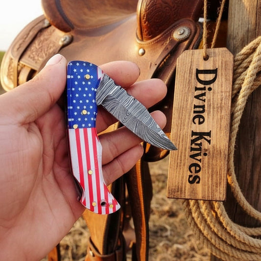 American Flag Folding Knife with Forged Damascus Blade