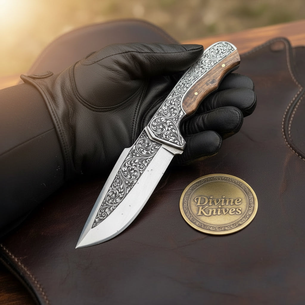 Engraved Hunting Skinner Knife with Carved Wood Handle