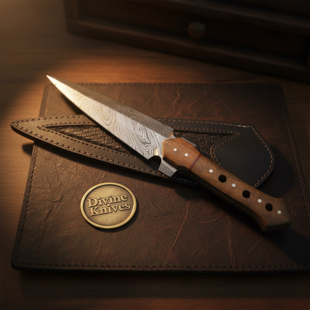 Rosewood Handle Damascus Dagger with Double-Edged Blade