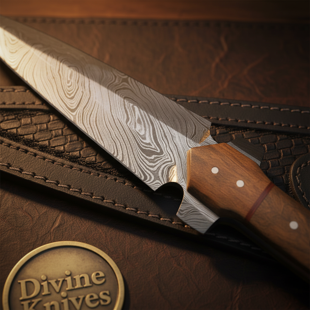Rosewood Handle Damascus Dagger with Double-Edged Blade