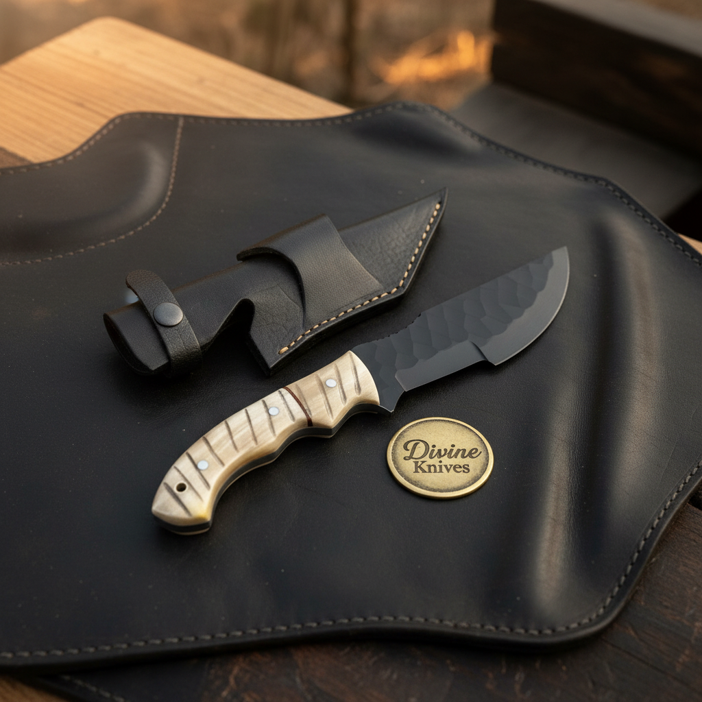 Black Forged Bushcraft Tracker Knife with Carved Handle for Outdoor Work
