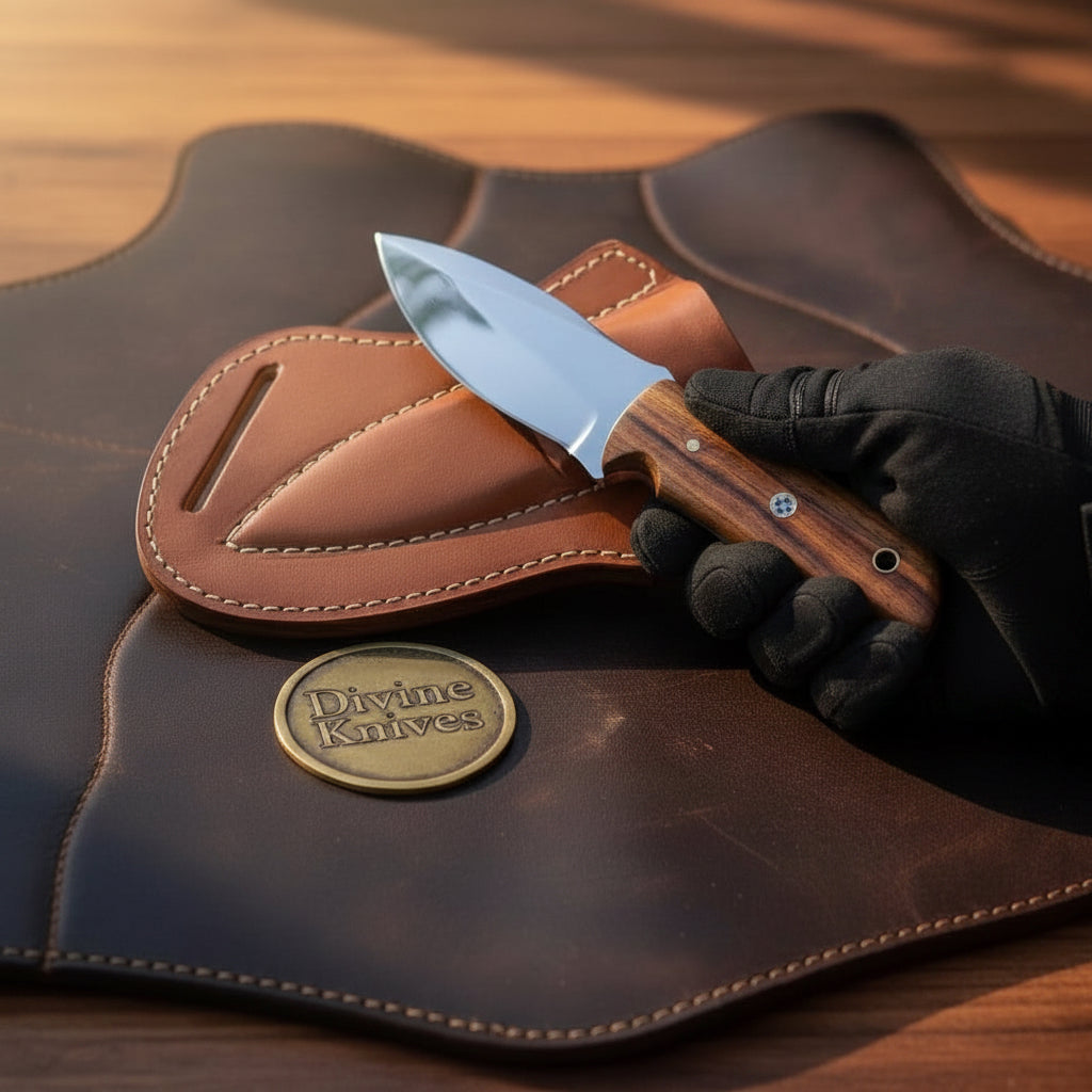Walnut D2 Steel Mini Dagger with Polished Blade and Leather Sheath
